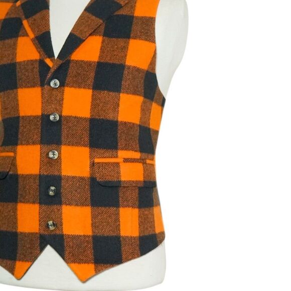 Mens 46R Wool Buffalo Plaid Vest Orange Black Waistcoat Formal Party Casual - Picture 5 of 8
